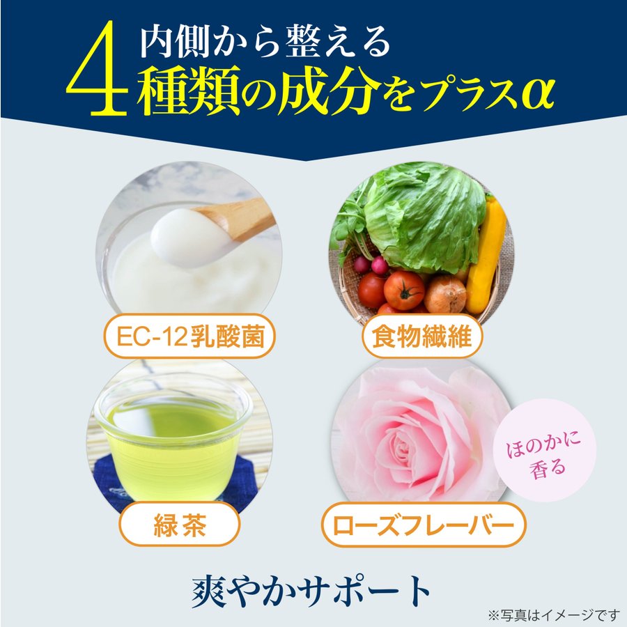 EC-12乳酸菌、食物繊維、緑茶、ローズフレーバーなどの内側から効く4種類の成分をプラスα